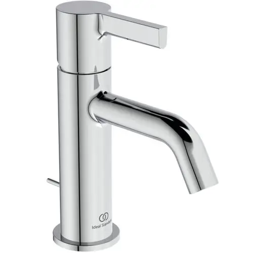 Chromfarbige Waschtischarmatur von Ideal Standard mit einem geraden Auslauf und einem Hebel zum Einstellen des Wasserflusses.